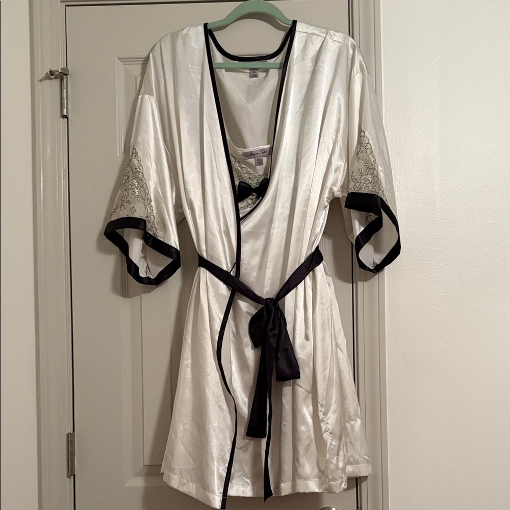 Elegant White Satin Robe and nighty with Black Trim